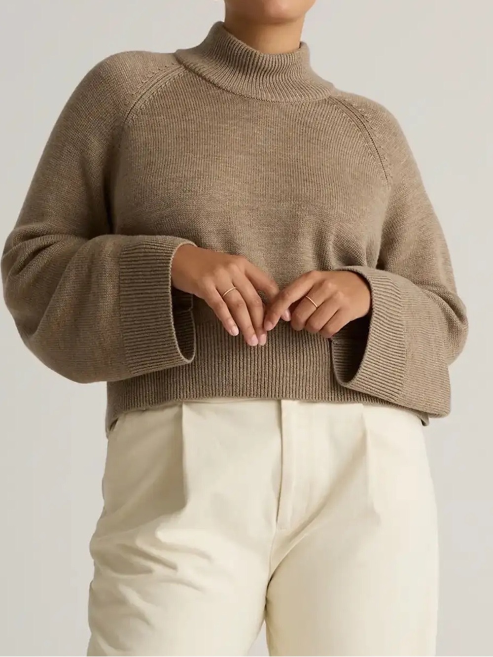 Quince Australian Merino Wool Cropped Mock Neck Sweater Malted Toffee Small